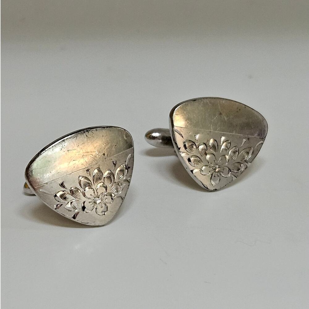 Vintage MCM La Mode Sterling Silver Cufflinks | Engraved Floral Mid Century